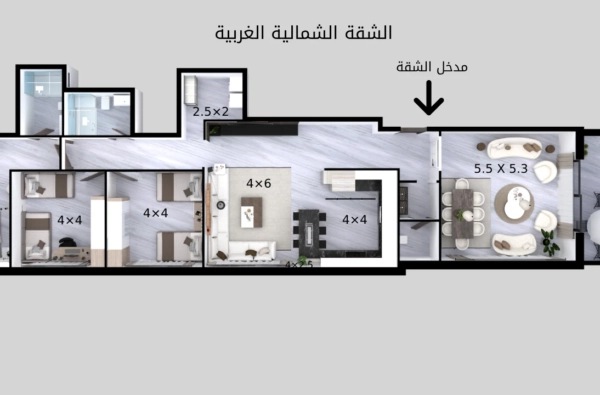 مخطط عام للشقة الشمالية الغربية (اليسار) من مشروع بركة ٢٣