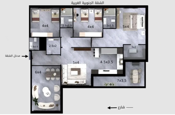 Floor plan of first floor apartment in Jbeiha